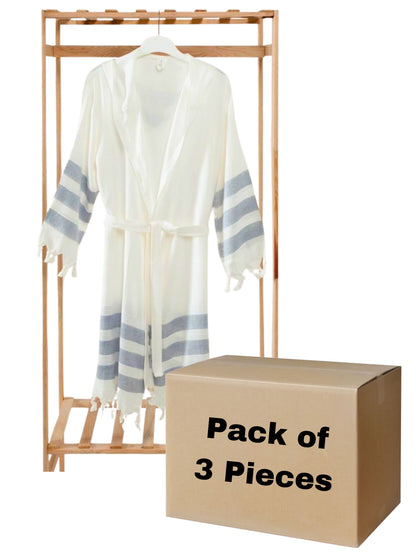 Bulk Gray Striped Muslin Robe with Hooded Pack of 3 Bamboo Cotton Beachwear by Cottonpolis-1
