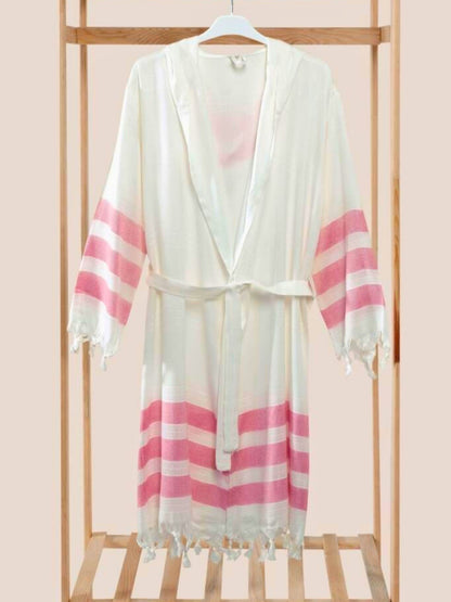 Bulk Pink Striped Muslin Robe with Hooded Pack of 3 Bamboo Cotton Beachwear by Cottonpolis-2