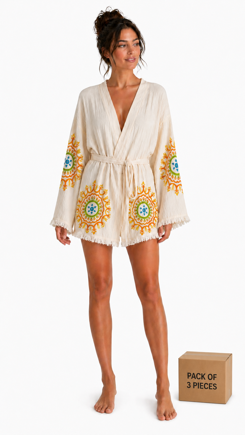Sedna Women's Ecru Muslin Kimono Robe – Belted, Tassel Detail, Oversize Relaxed Fit Beach & Loungewear