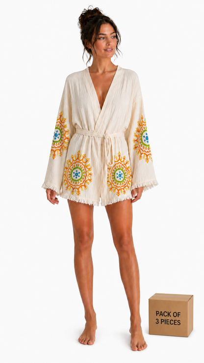 Sedna Women's Ecru Muslin Kimono Robe – Belted, Tassel Detail, Oversize Relaxed Fit Beach & Loungewear