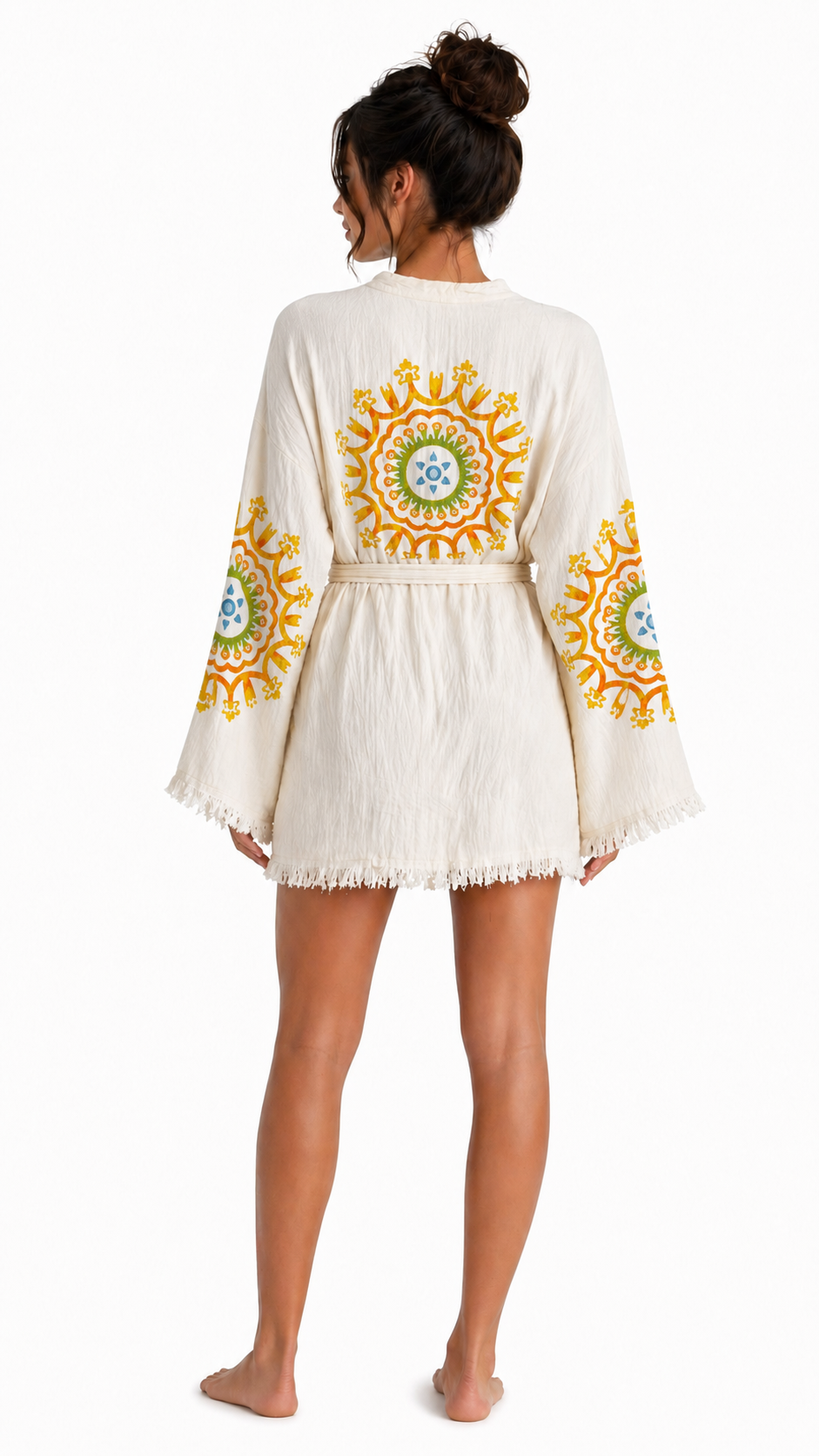 Sedna Women's Ecru Muslin Kimono Robe – Belted, Tassel Detail, Oversize Relaxed Fit Beach & Loungewear